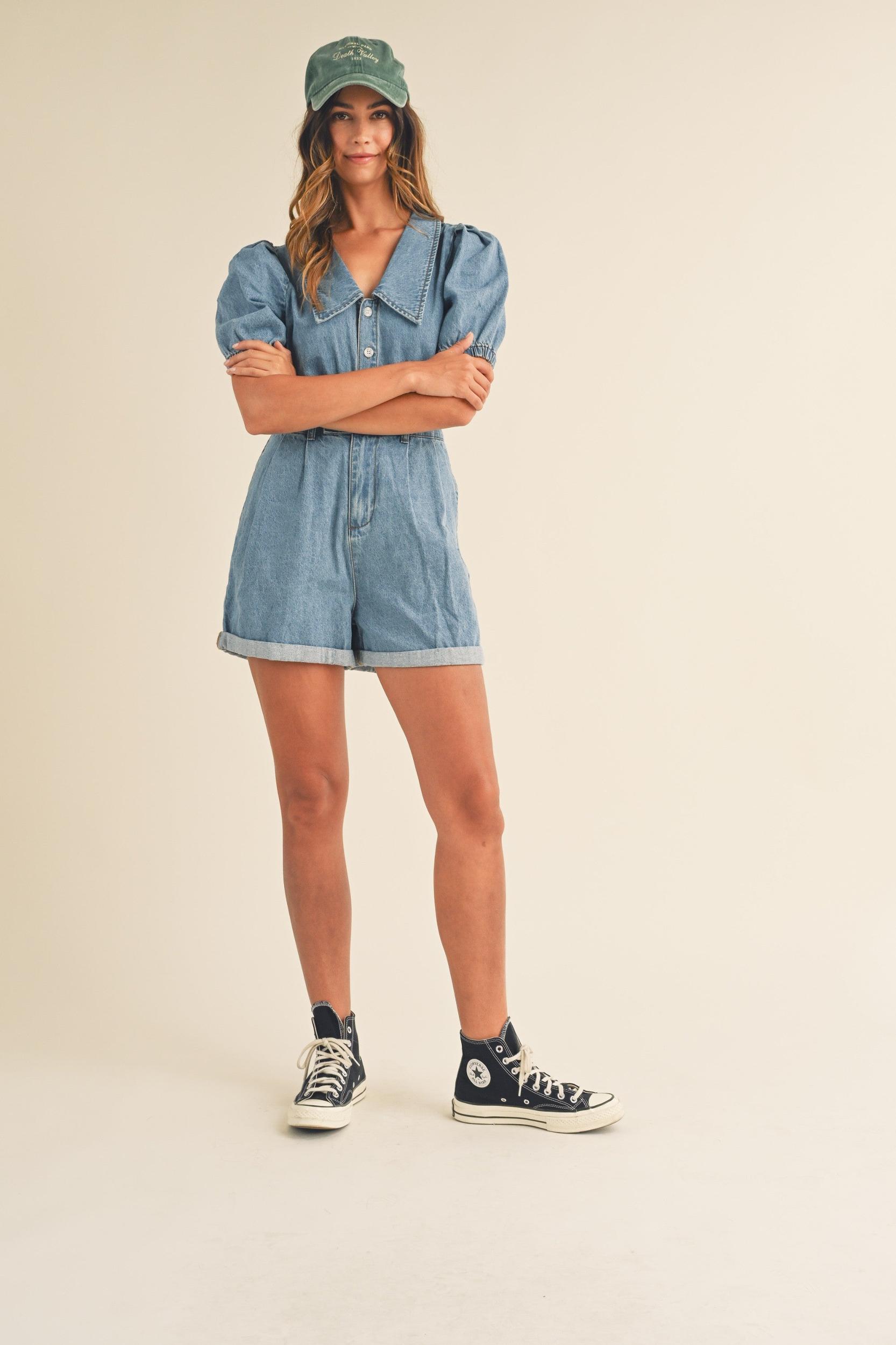 Cute Collared Puff Sleeve Denim Romper Product Image