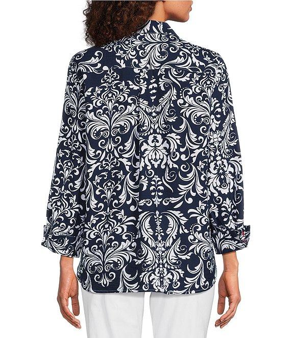 Ali Miles Woven Vintage Floral Point Collar 3/4 Sleeve Button Front Tunic Product Image