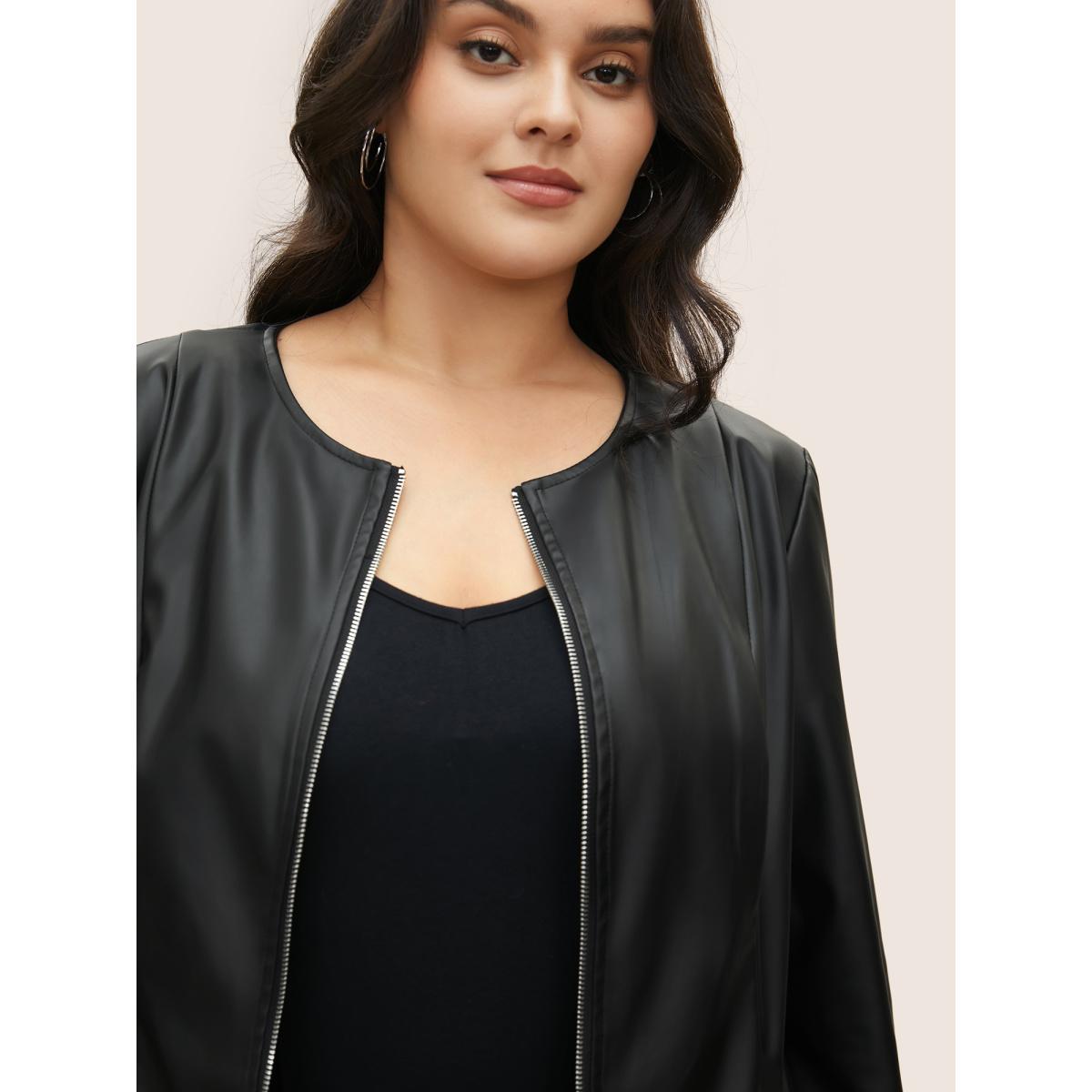Plus Size PU Leather Pocket Zipper Jacket Women Black Non Side seam pocket Everyday Jackets BloomChic 12/L Product Image