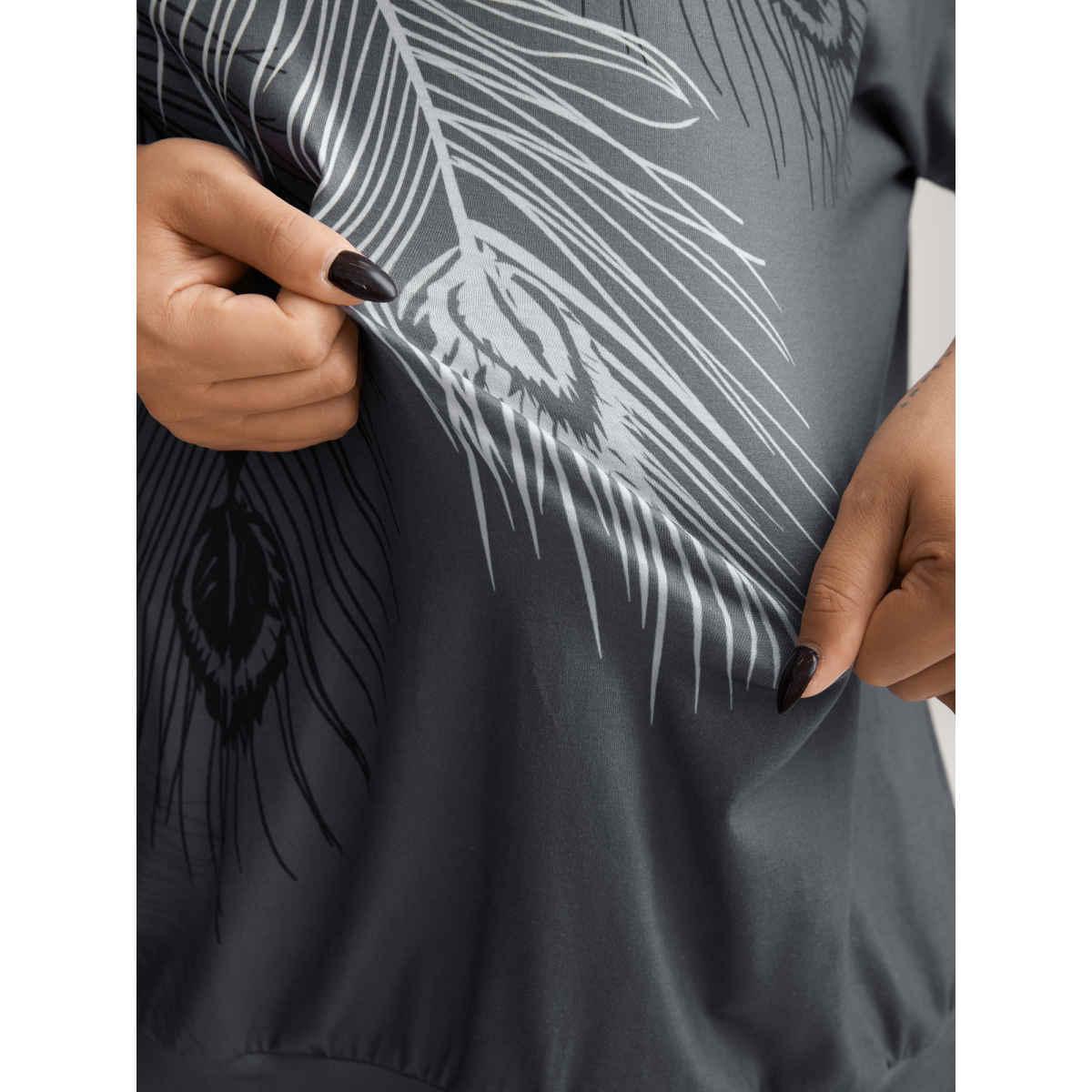 Plus Size Stretchy Feather Print Cut-Out Sleeve T-Shirt DimGray Women Non Art&design Round Neck Loose Everyday-Casual T-shirts BloomChic 14-16/1X Product Image