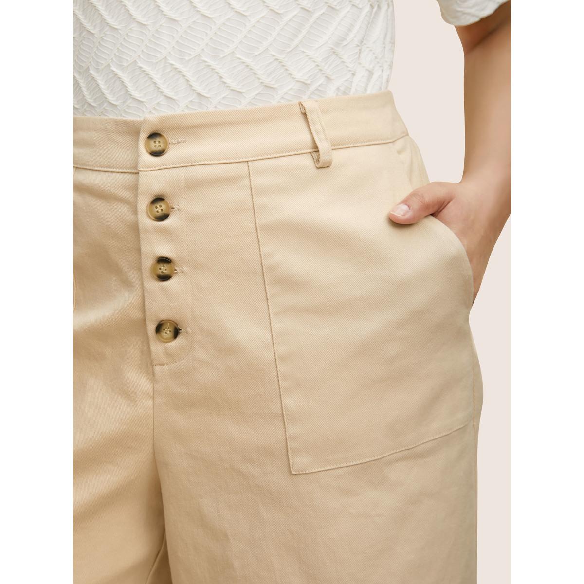 Plus Size Mid Rise Button Up Elastic Waist Loose Pants Women Beige Elegant Loose Mid Rise Everyday Pants BloomChic 14-16/1X Product Image