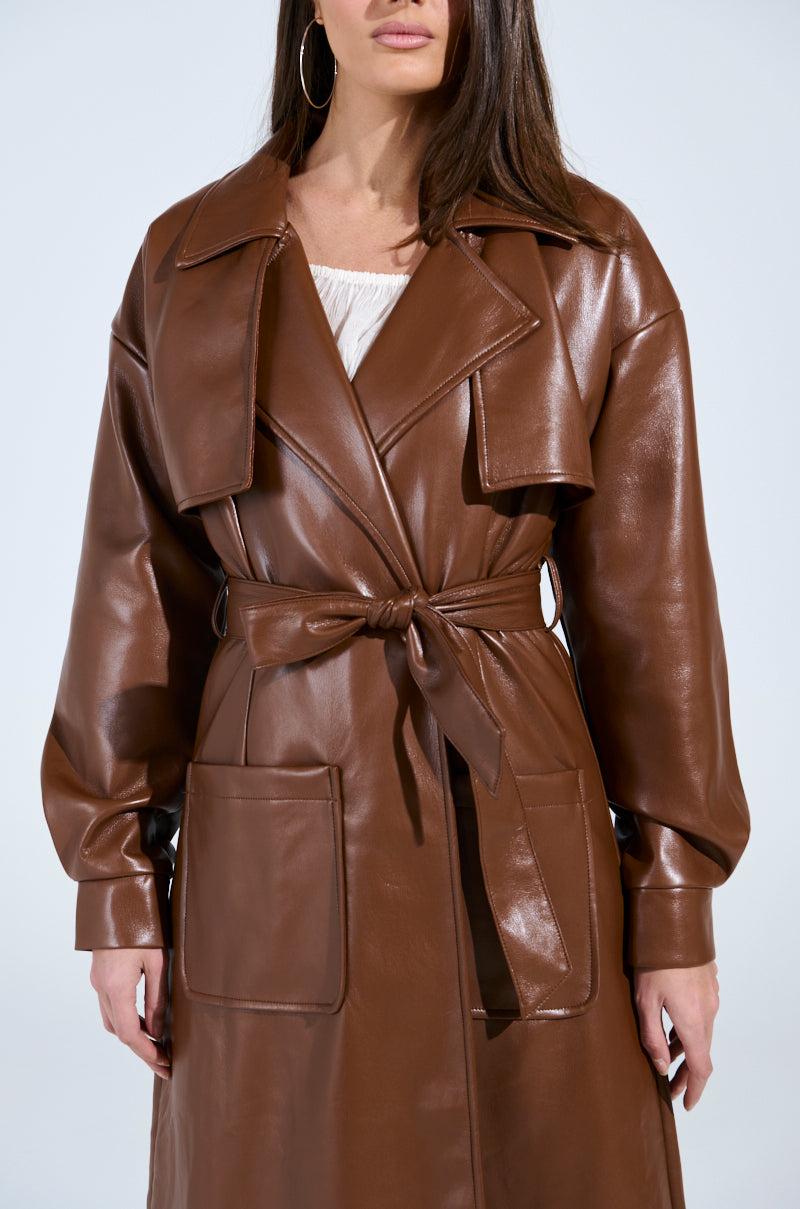 BUTTER LUXE FAUX LEATHER TRENCH IN BROWN Product Image