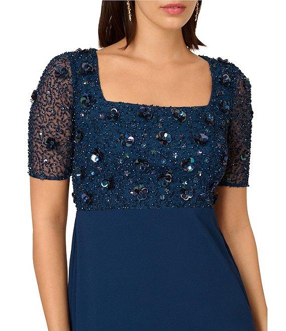 Adrianna Papell Square Neck Illusion Short Sleeve Beaded Crepe Sheath Dress Product Image