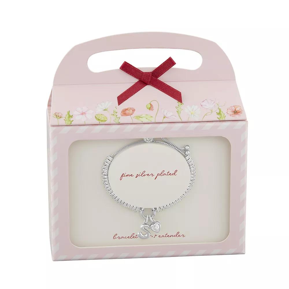 Brilliance Silver Plated Cubic Zirconia Heart Charm & Bubble Initial Charm Bracelet, Women's, Size: 4-10" ADJ, Silver Tone K Product Image