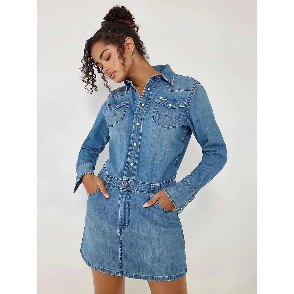 Women's Long Sleeve Denim Dress in Ultra Marine Product Image