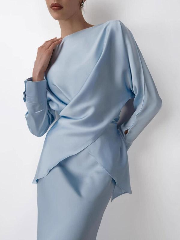 Loose Solid Color Split-Joint Boat Neck Long Sleeves Blouse & Shirt + Skirt Two Pieces Set Product Image