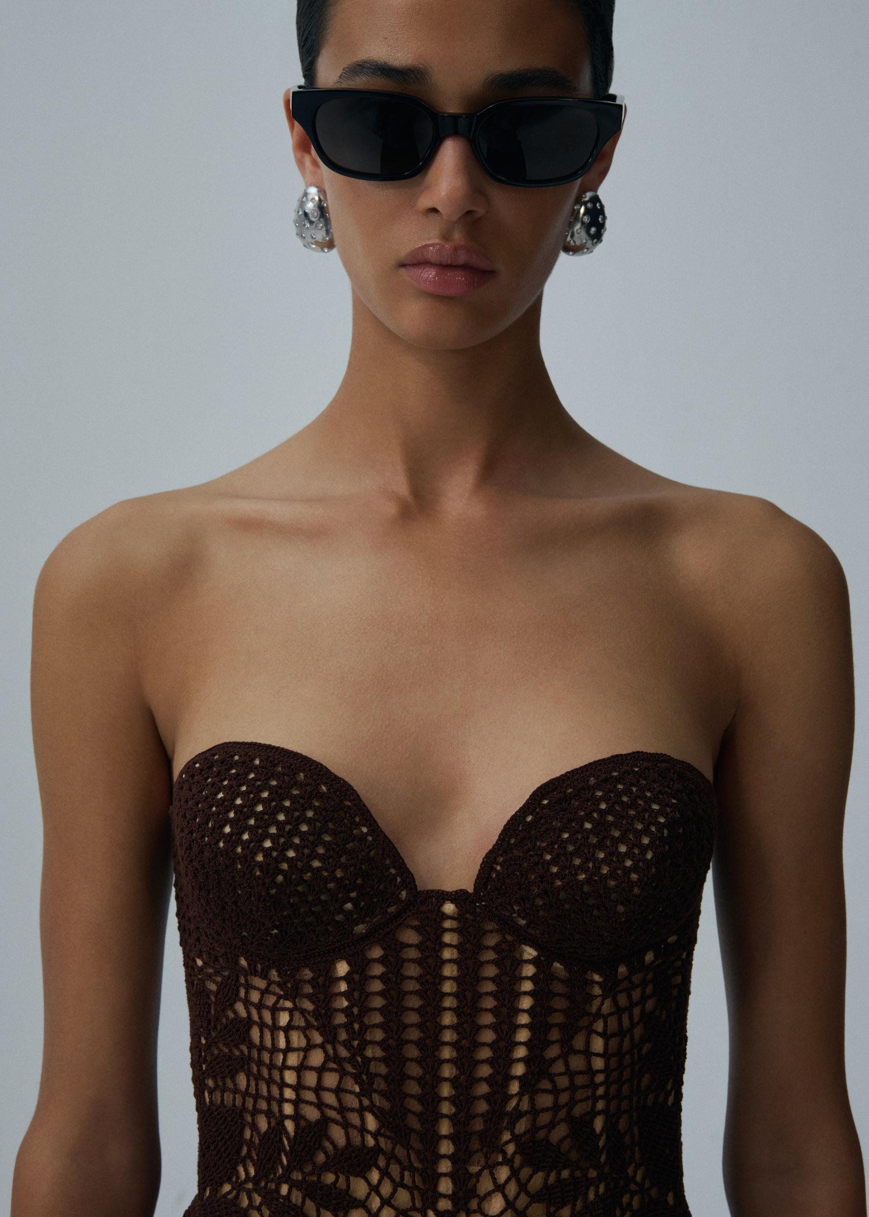 Strapless lace crochet bustier dress in brown Product Image