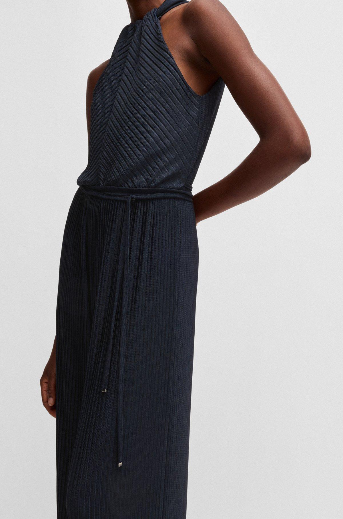 BOSS - Sleeveless jumpsuit with plissé pleats and tie belt - Dark Blue Product Image