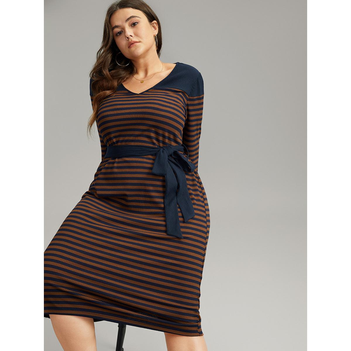 Plus Size Rib Knit Belted Patchwork Contrast Dress DarkBrown Women Casual Belted V-neck Long Sleeve Curvy Midi Dress BloomChic 18-20/2X Product Image
