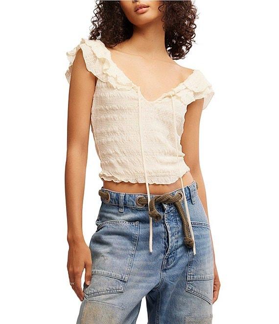 Free People Love You More Textured V Neck Short Flutter Sleeve Knit Top Product Image