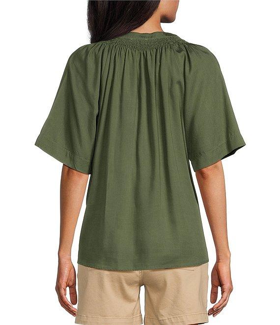 Westbound Woven Short Sleeve Y-Neck Button Front Top Product Image