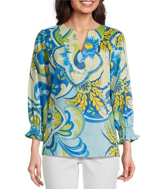 Foxcroft Alicia Floral Cotton Sateen 3/4 Sleeve V-Neck Top Product Image