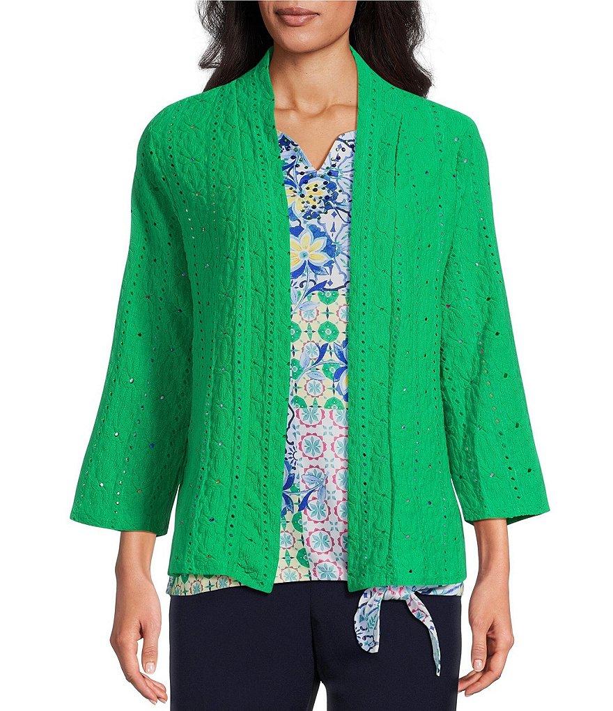 Allison Daley Floral Eyelet Knit 3/4 Sleeve Open Front Cardigan Product Image