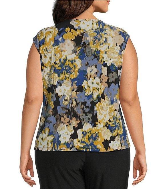 Kasper Plus Size Scoop Pleated Neck Hardware Detail Abstract Floral Printed Knit Jersey Blouse Product Image