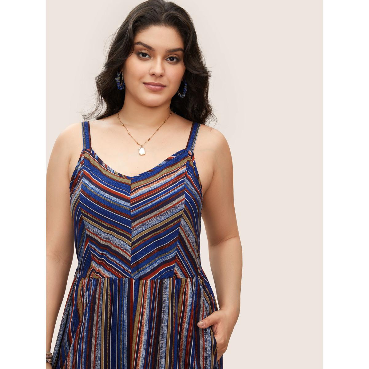 Plus Size Striped Contrast Pocket Split Ruffle Hem Spaghetti Strap Dress DarkBlue Women Resort Non V-neck Sleeveless Curvy Midi Dress BloomChic 28/5X Product Image