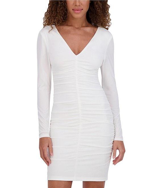 SIENA Solid V-Neck Long Illusion Ruched Bodycon Dress Product Image