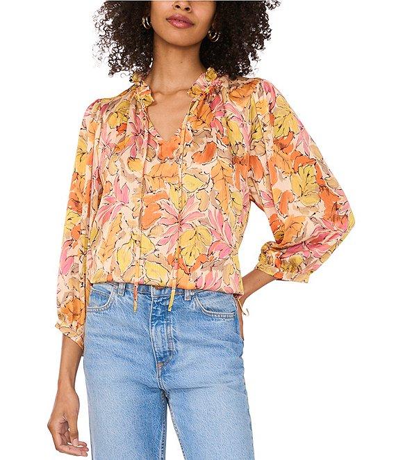 Vince Camuto Satin V-Neck Long Sleeve Tie Front Floral Print Blouse Product Image