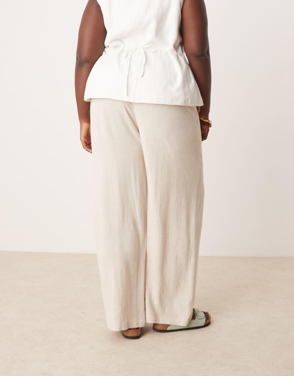 ASOS DESIGN Curve relaxed straight leg pants with linen in stone Product Image
