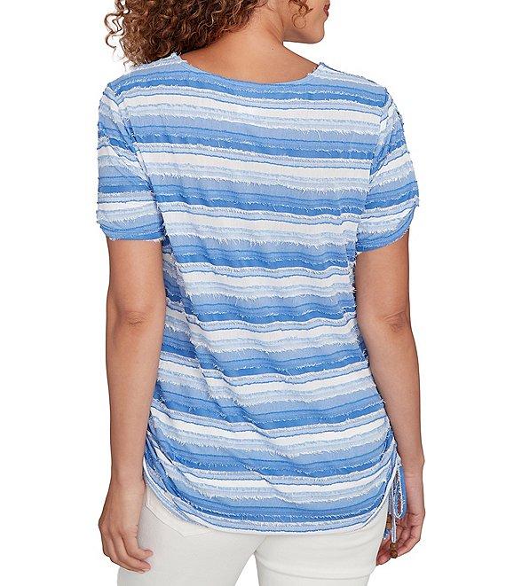 Ruby Rd. Petite Size Yarn-Dyed Knit Stripe Scoop Neck Short Sleeve Side Ties Top Product Image