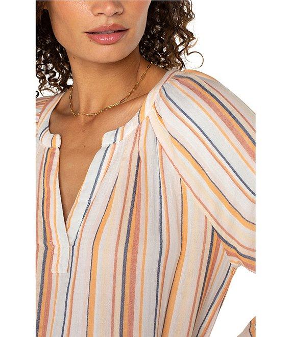 Liverpool Los Angeles Petite Size Stripe Split V-Neck 3/4 Sleeve Frayed Hem Top Product Image