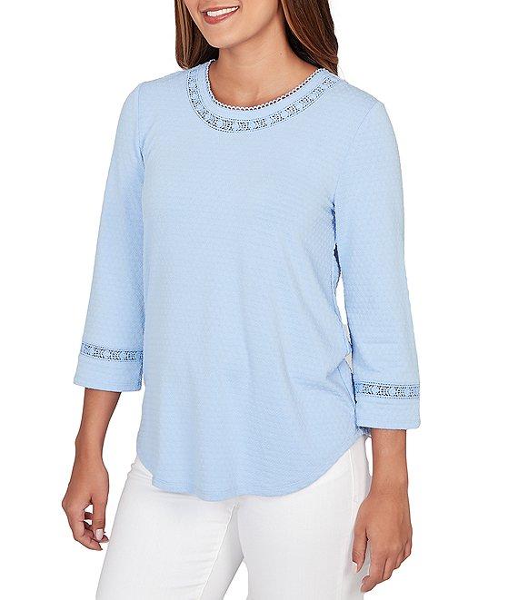 Ruby Rd. Petite Size Soft Textured Knit Crew Neck 3/4 Sleeve Lace Trim Top Product Image