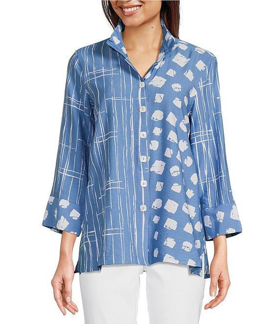 Ali Miles Printed Wire Collar 3/4 Sleeve Button-Front Tunic Product Image