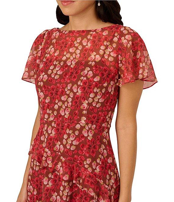 Adrianna Papell Crew Neck Flutter Sleeve Floral Print Crinkle Chiffon Midi Dress Product Image
