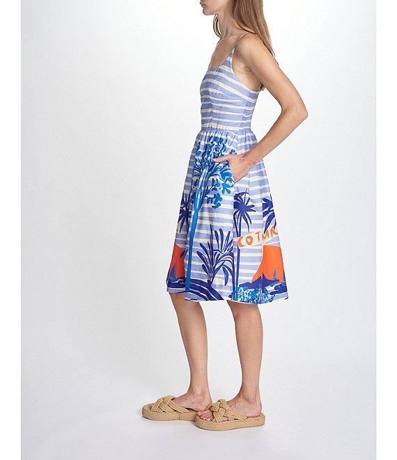 COREY LYNN CALTER Adeline Scenic Print Linen Blend Square Neck Sleeveless Fit-And-Flare Dress Product Image