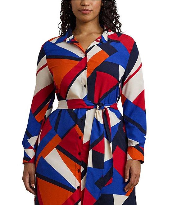 Lauren Ralph Lauren Plus Size Crepe de Chine Printed Point Collar Long Sleeve Button-Front Self-Tie Waist Midi Shirtdress Product Image