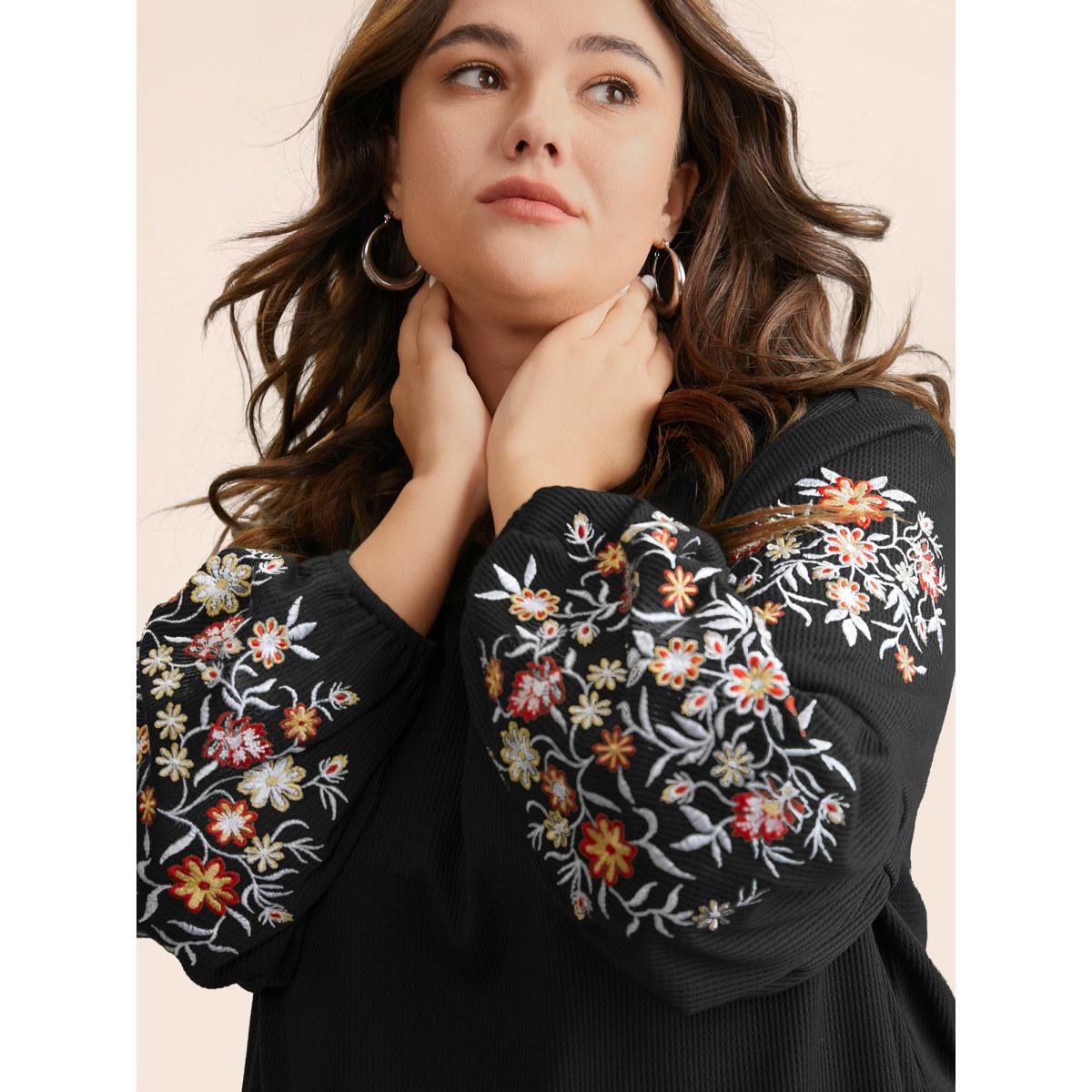 Plus Size Waffle Knit Floral Embroidered Lantern Sleeve T-shirt Black Women Leisure Texture Floral Round Neck Casual T-shirts BloomChic 28/5X Product Image