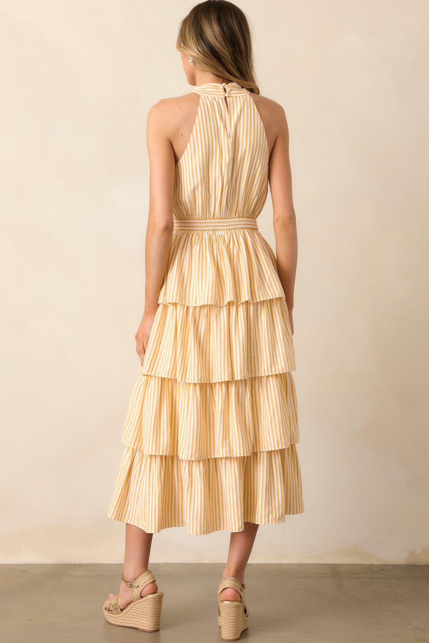 Where I Want To Be Yellow Stripe Tiered Halter Maxi Dress Product Image