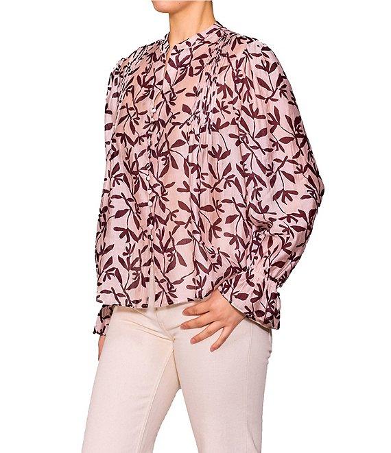MELLODAY Floral Split Neck Long Sleeve Button Front Blouse Product Image