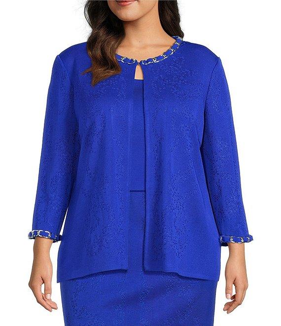 Ming Wang Plus Size Knit Crew Neck 3/4 Sleeve Ribbon Chain Trim Jacket Product Image