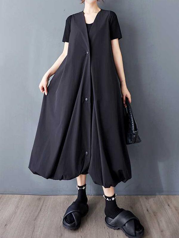 A-Line Loose Buttoned Pleated Pockets Solid Color V-Neck Midi Dresses Vest Outerwear Product Image