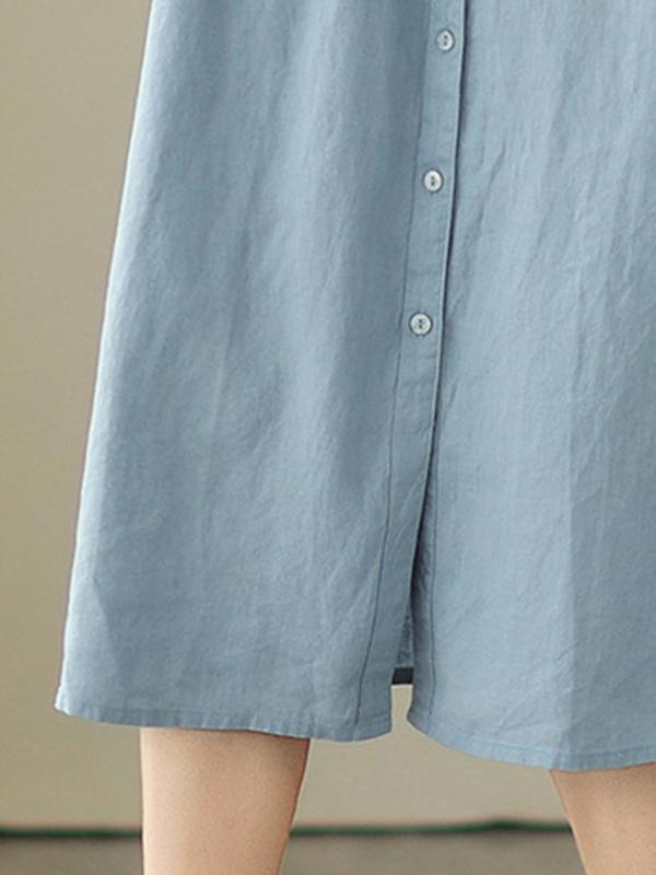 A-Line Sleeveless Buttoned Pleated Solid Color Round-Neck Midi Dresses Product Image