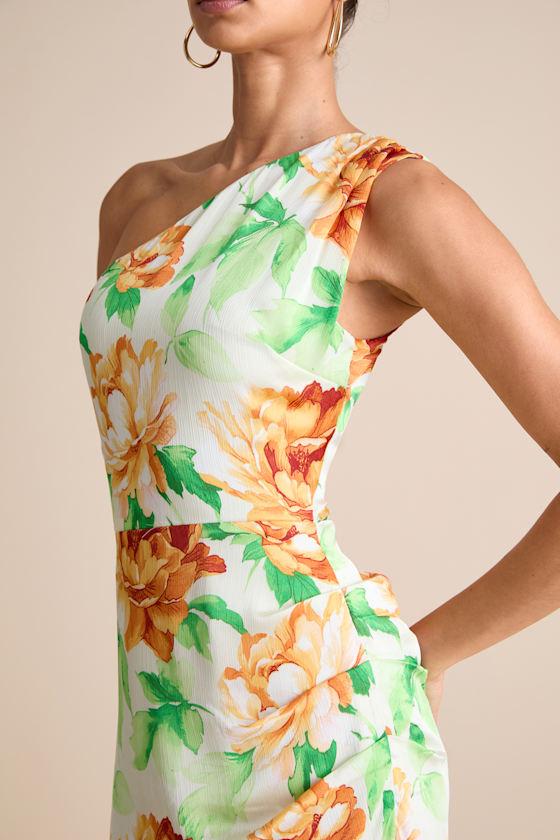 Divinely Blooming White Multi Floral One-Shoulder Midi Dress Product Image