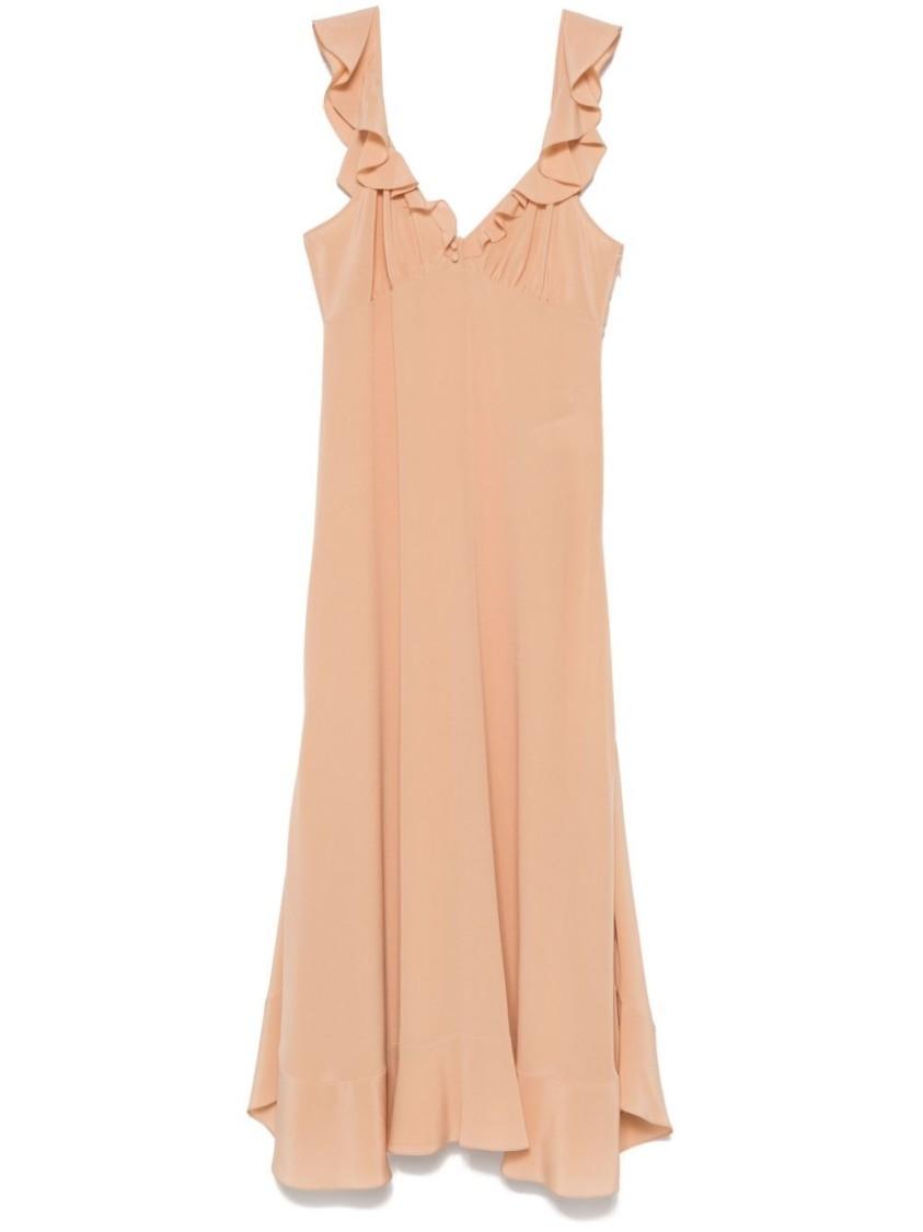 CHLOÉ Long Silk Dress With Flared Skirt And Ruffled Straps In Beige Product Image