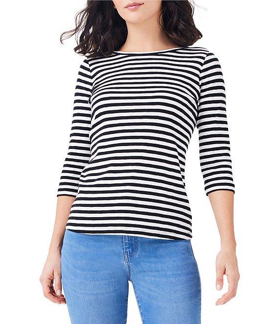 NIC + ZOE NZT Jersey Knit Striped Print Boat Neck 3/4 Sleeve Tee Shirt Product Image