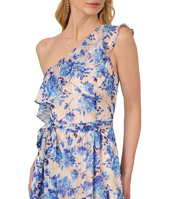 Adrianna Papell Floral Stripe Satin One Shoulder Ruffle Trim Belted A-Line Maxi Dress Product Image