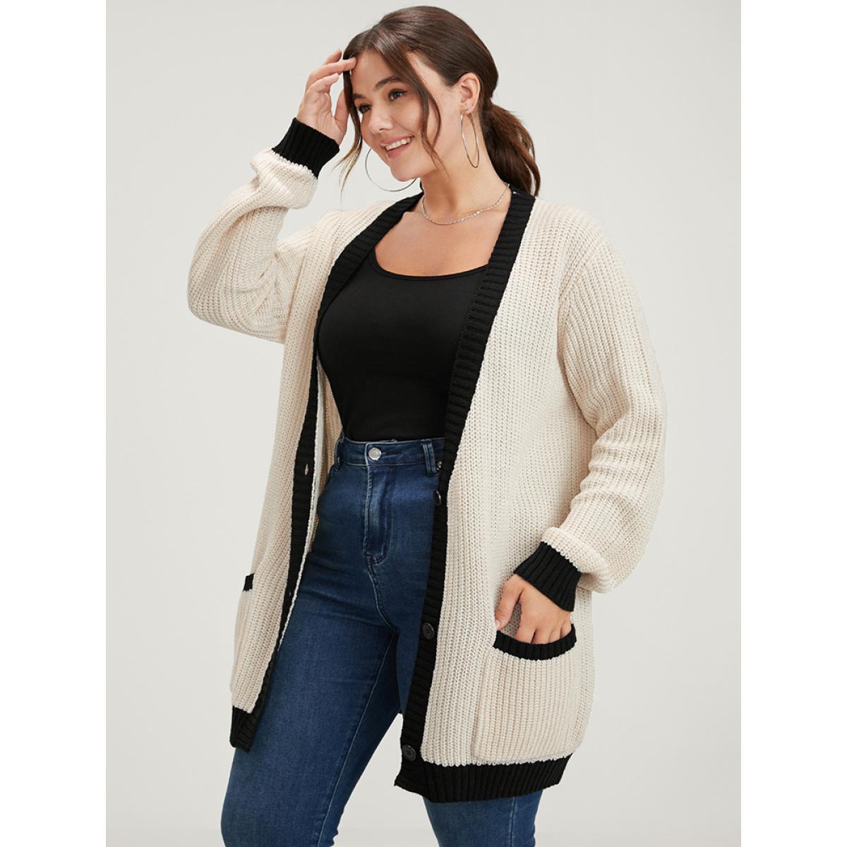 Plus Size Contrast Trim Pointelle Knit Pocket Button Front Cardigan Beige Women Elegant Loose Long Sleeve Dailywear Cardigans BloomChic 14-16/1X Product Image