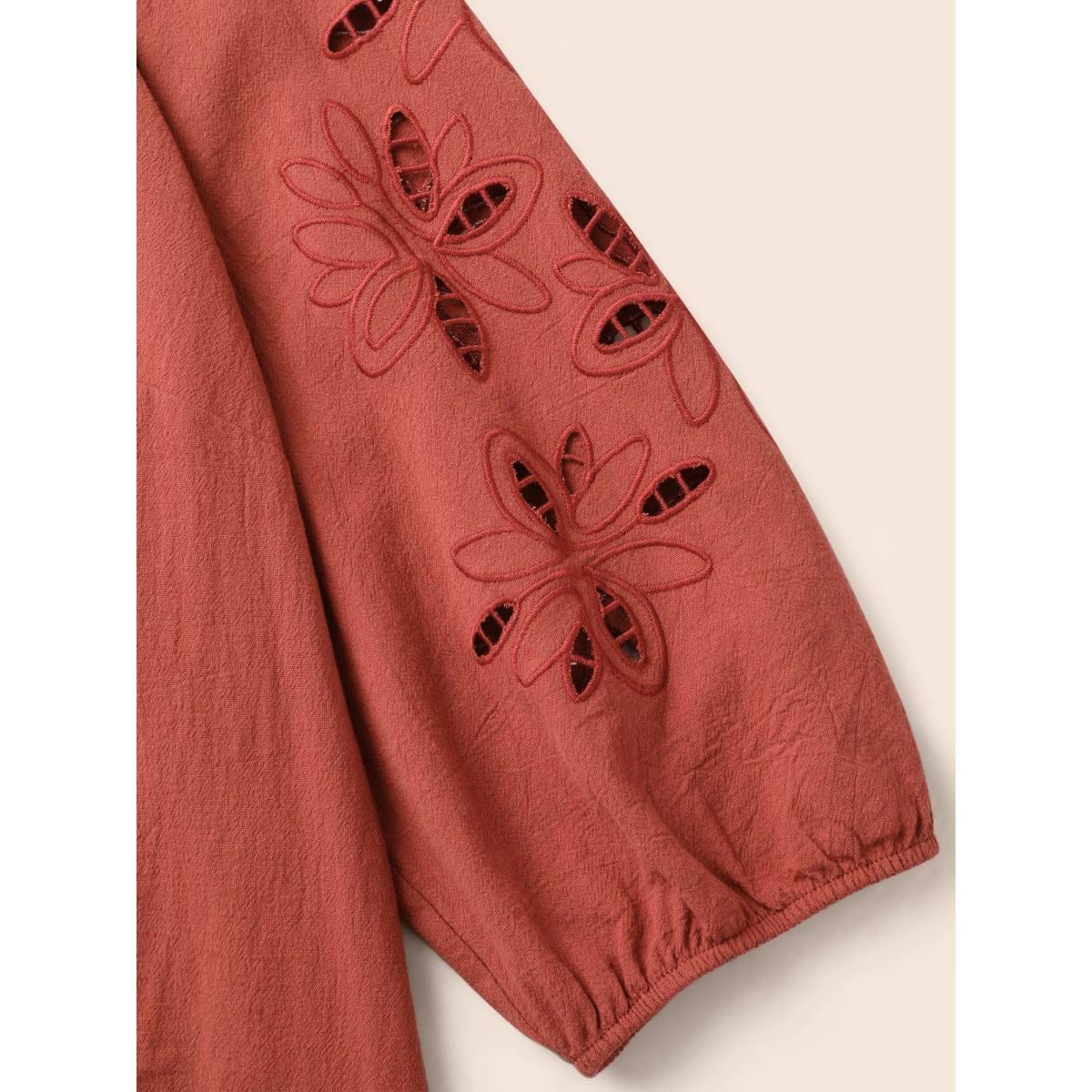 Plus Size Rust Broderie Anglaise Gathered Tie Knot Blouse Women Resort Elbow-length sleeve Round Neck Vacation Blouses BloomChic 28/5X Product Image