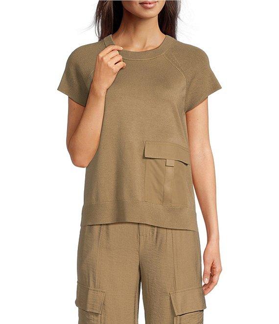 DKNY by Donna Karan Mixed Media Satin Cargo Pocket Crew Neck Short Sleeve Top Product Image