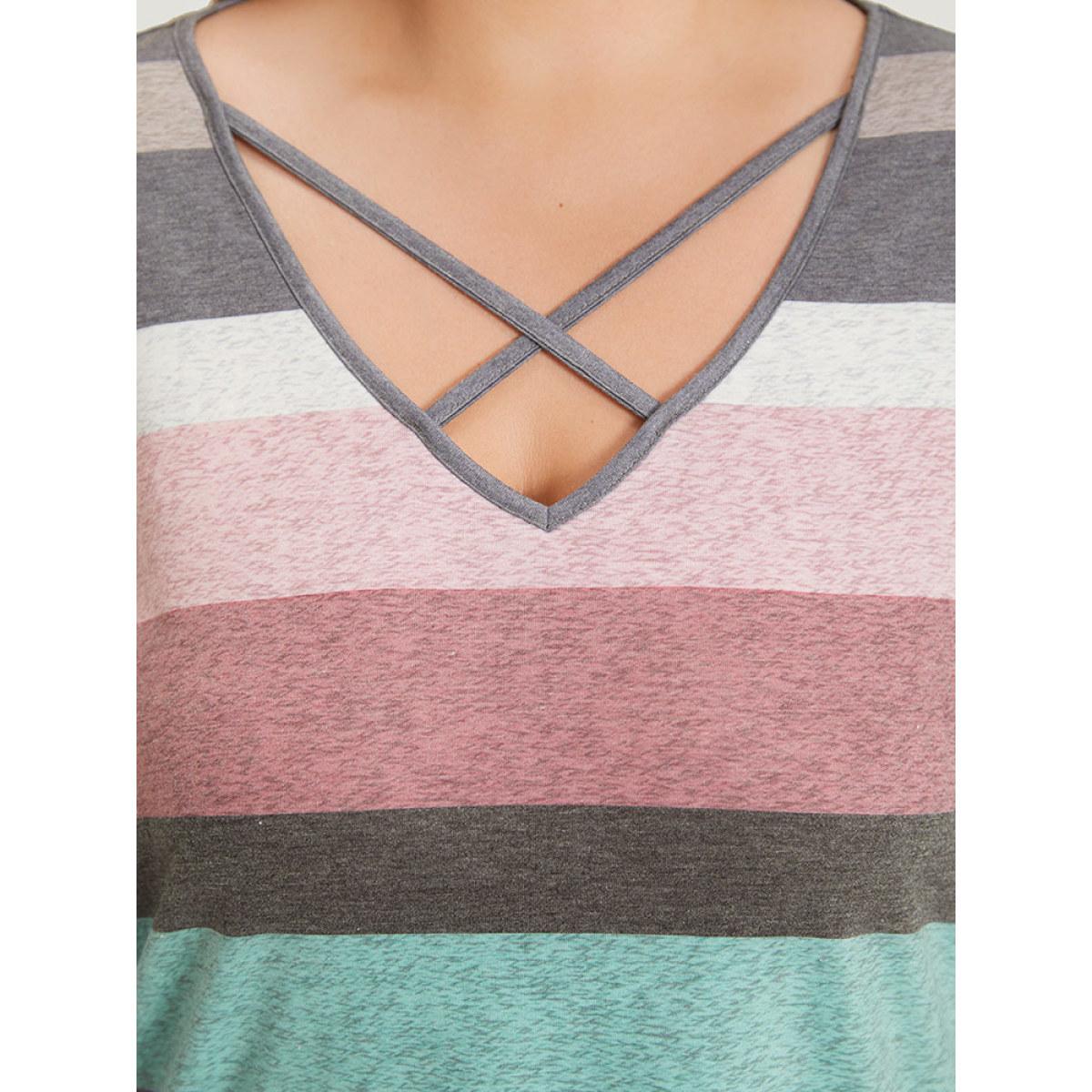 Plus Size Colour Striped Contrast Crisscross Lantern Sleeve T-shirt Multicolor Women Casual Elastic cuffs Striped V-neck Dailywear T-shirts BloomChic 18-20/2X Product Image