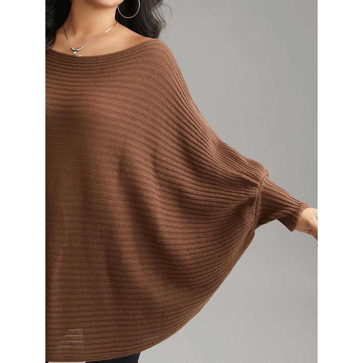 Plus Size Solid Textured Off Shoulder Batwing Sleeve Pullover DarkBrown Women Casual Loose Long Sleeve One-shoulder neck Dailywear Pullovers BloomChic 10/M Product Image