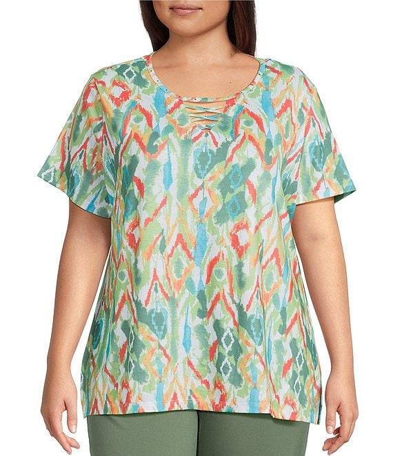 Allison Daley Plus Size Natural Ikat Print Short Sleeve Criss-Cross Keyhole Neck Short Sleeve Jersey Knit Top Product Image