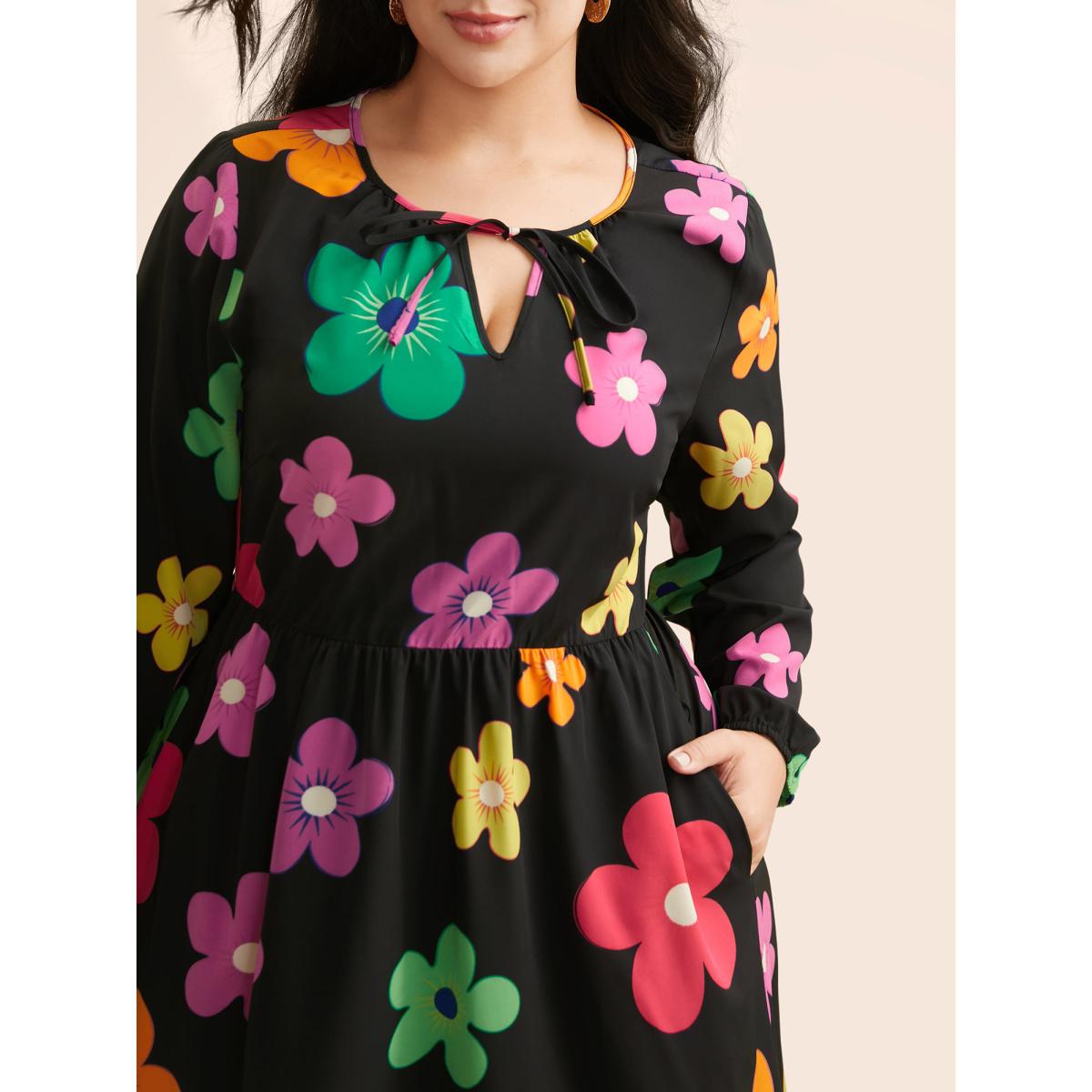 Plus Size Colored Floral Tie Knot Midi Dress Black Women Casual Tie knot Round Neck Long Sleeve Curvy BloomChic 12/L Product Image