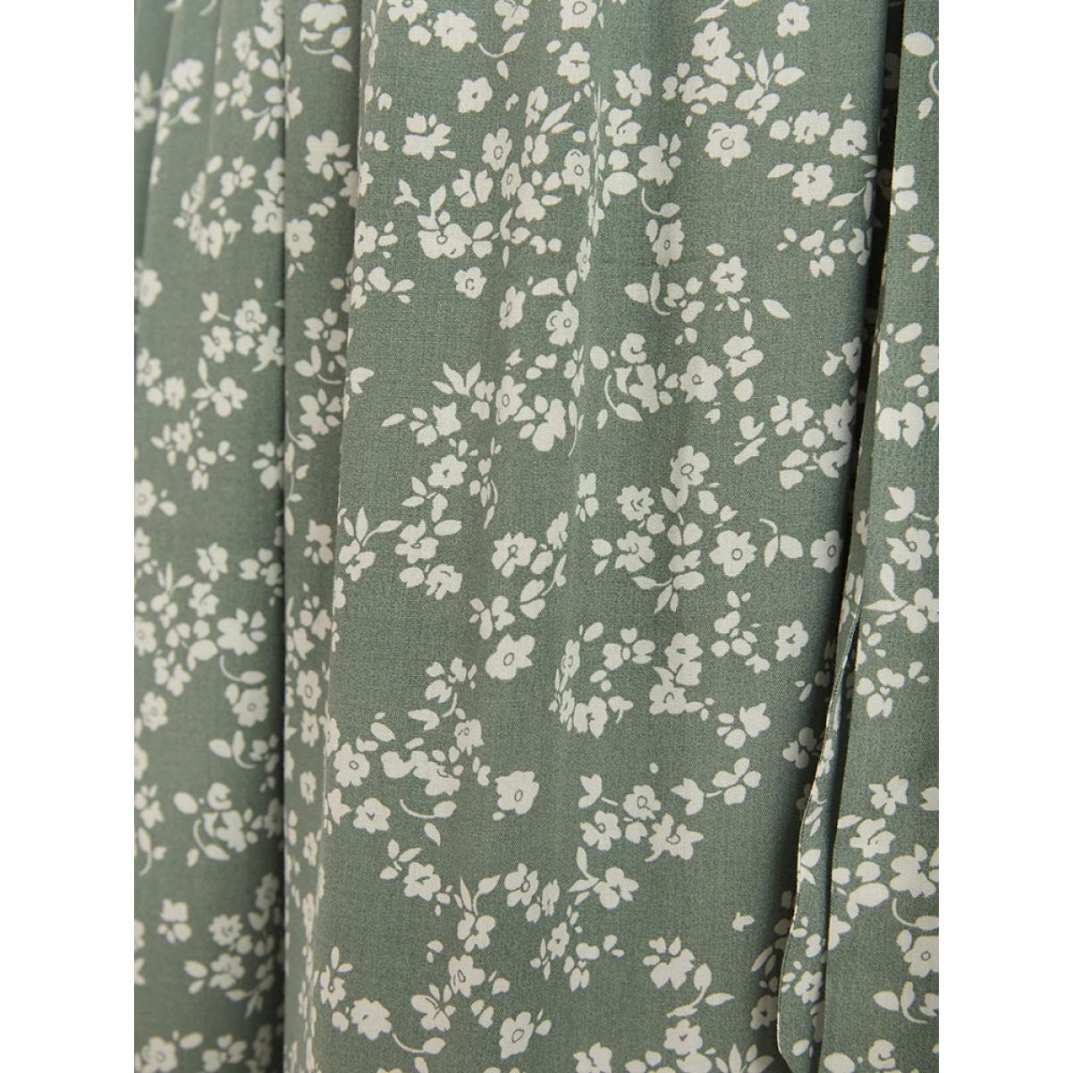 Plus Size Ditsy Floral Lantern Sleeve Pocket Button Through Belted Midi Dress Sage Women Elegant Button V-neck Long Sleeve Curvy Midi Dress BloomChic 12/L Product Image