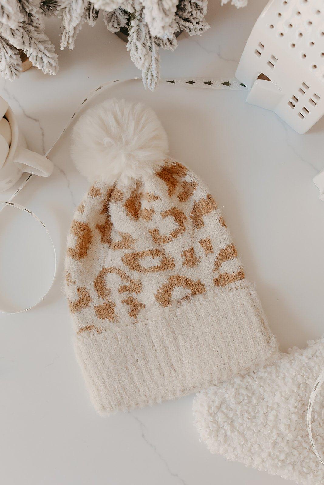 Fuzzy Leopard Print Pom Beanie - FINAL SALE Product Image