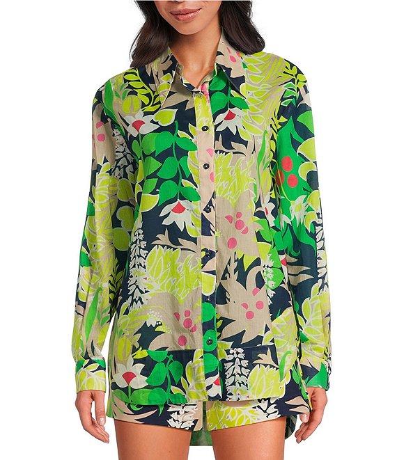 Trina Turk Coordinating Swing Tropical Printed Point Collar Elbow Sleeve Button Front Blouse Product Image