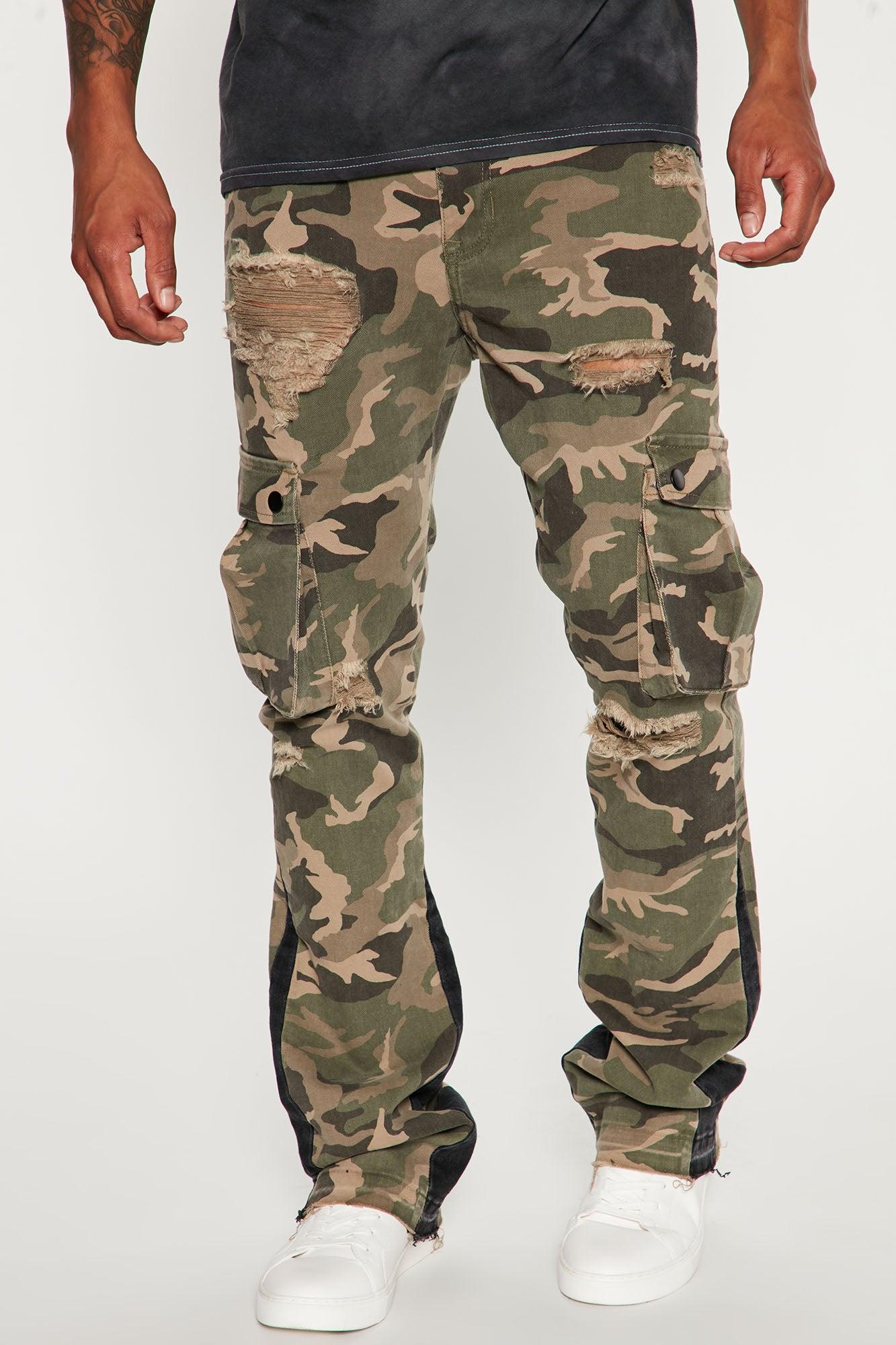 Contrast Skinny Stacked Flared Cargo Pants - Camouflage Product Image